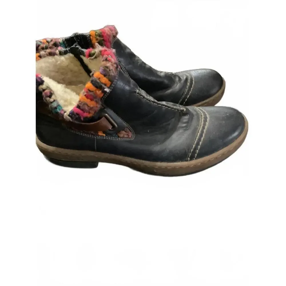 Reiker Navy Blue Ankle Boots with Colorful Knit Trim Size 40 (9.5)